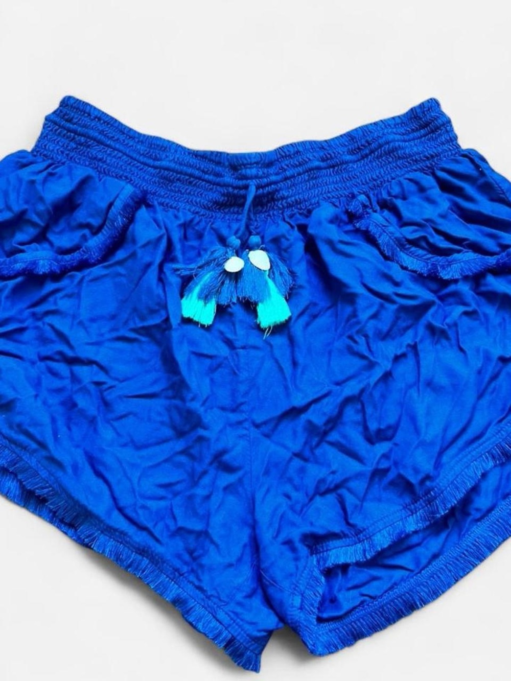 High-Waist Royal Blue Tassel Drawstring Women's Shorts